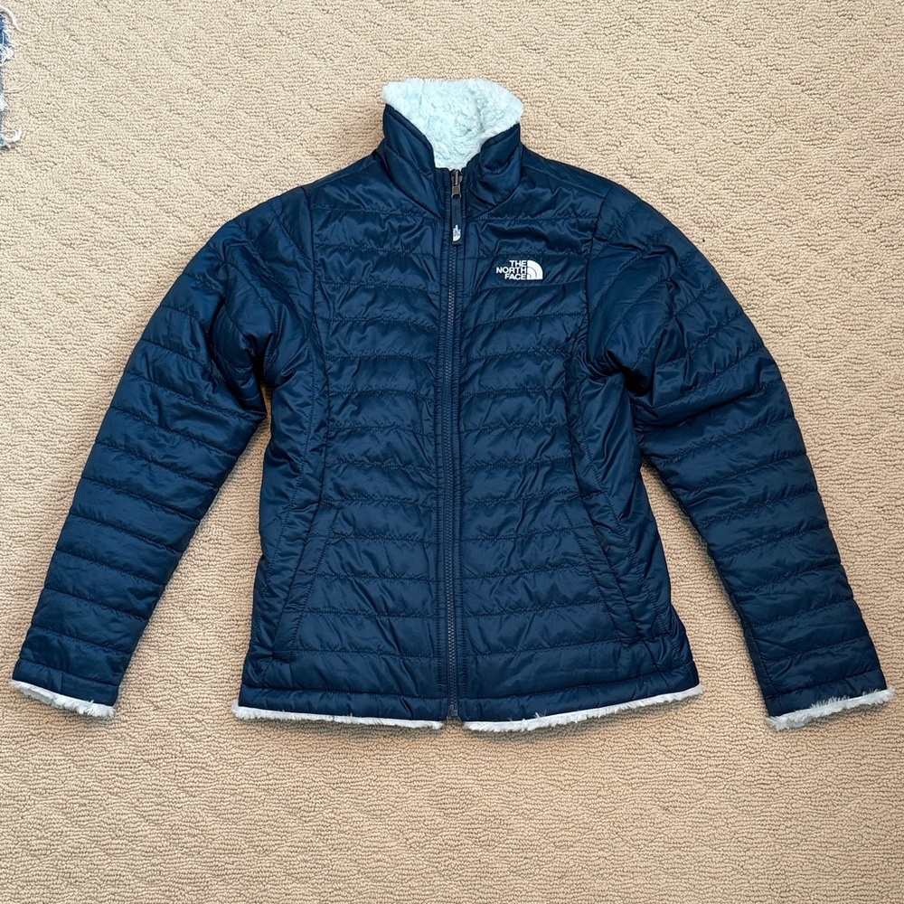 The North Face Girls Large Reversible Mossbud Dark Blue Puffer Jacket